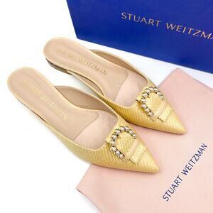 Stuart Weitzman Yellow Pointed Pearl & Crystal Buckle Mules